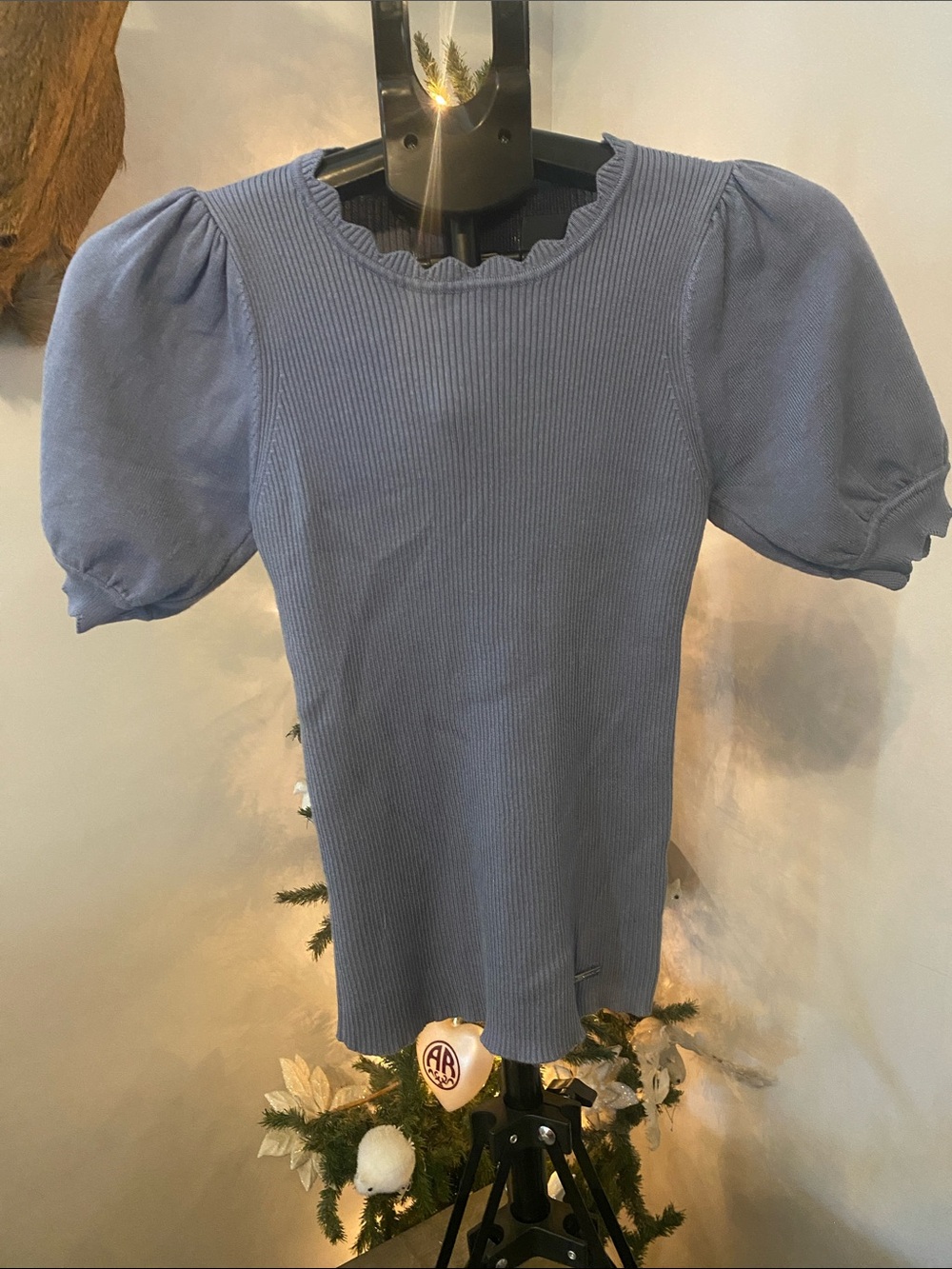 T Tahari Ribbed Puff Sleeve Top in Dusty Blue